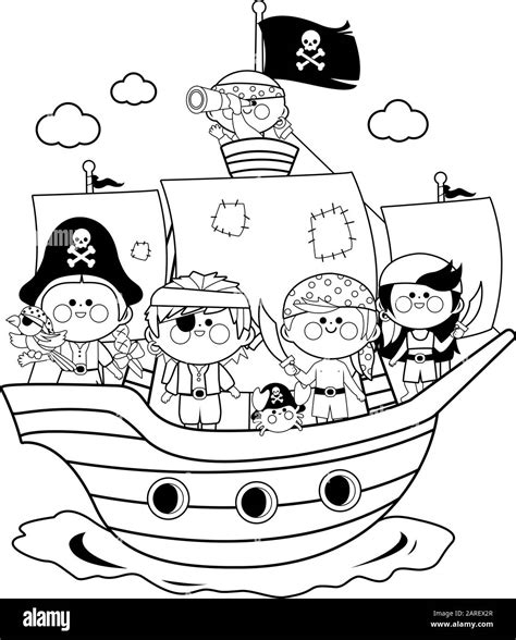 Pirate Children Boys And Girls Sailing On A Ship Vector Black And
