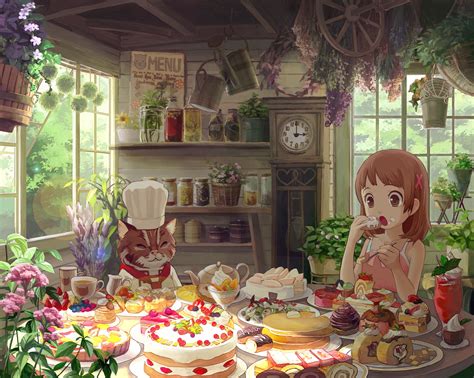 Wallpaper Cat Food Anime Girls Clocks Cake Tea Pastries Meal