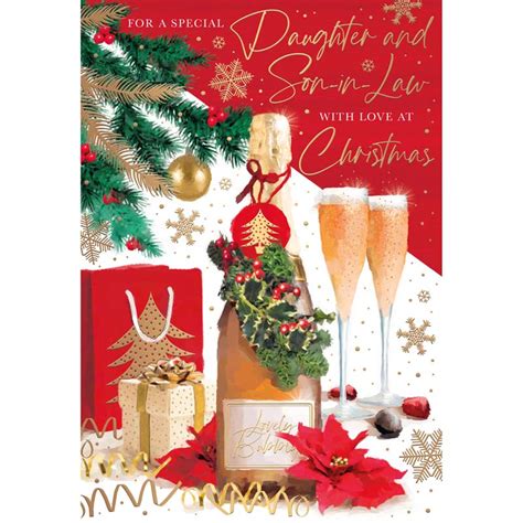 words n wishes champagne bottle with two glasses and presents christmas card