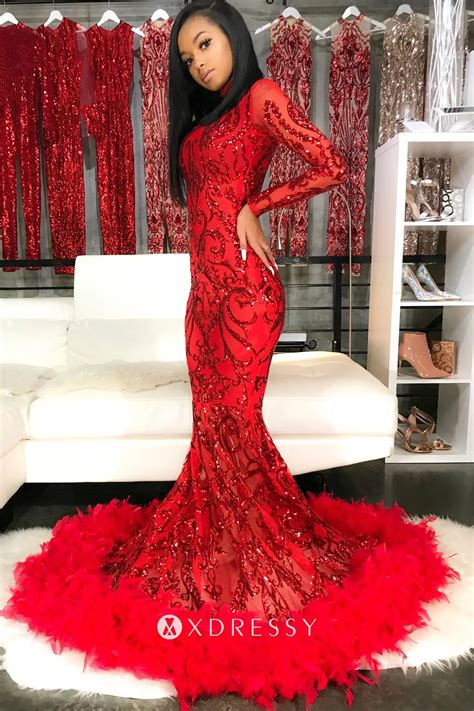 Red Sequin And Feather Black Girl Mermaid Prom Dress Xdressy