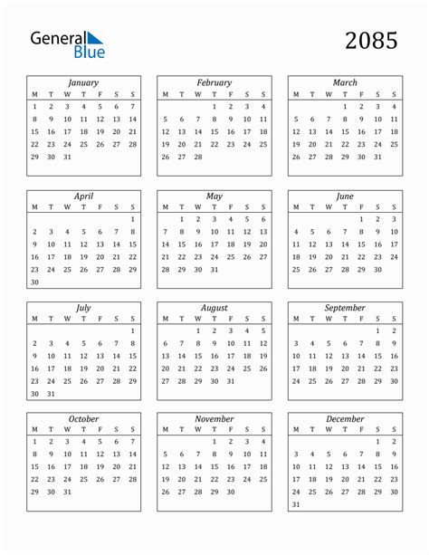 2085 Blank Yearly Calendar Printable