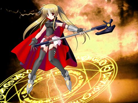 Blonde Hair Cape Fate Testarossa Gloves Long Hair Magic Mahou Shoujo Lyrical Nanoha Red Eyes