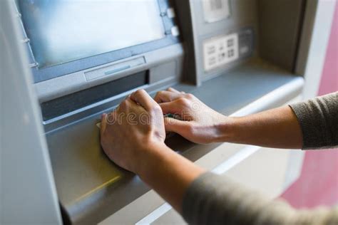 Close Up Of Hand Entering Pin Code At Atm Machine Stock Image Image