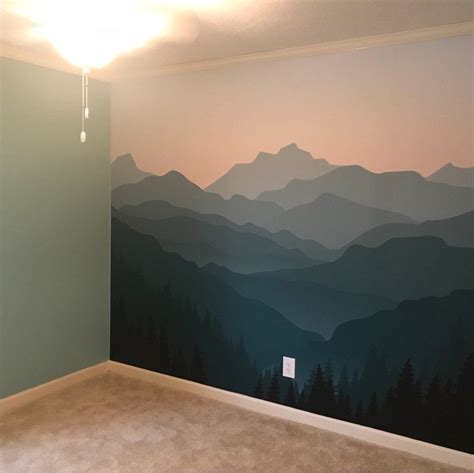 Mountain Mural Blue Ombré Mountain Wallpaper Forest Tree Etsy