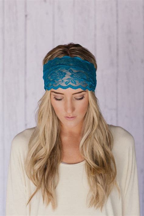 Teal Blue Lace Headband Wide Lace Stretchy Head By ThreeBirdNest 12