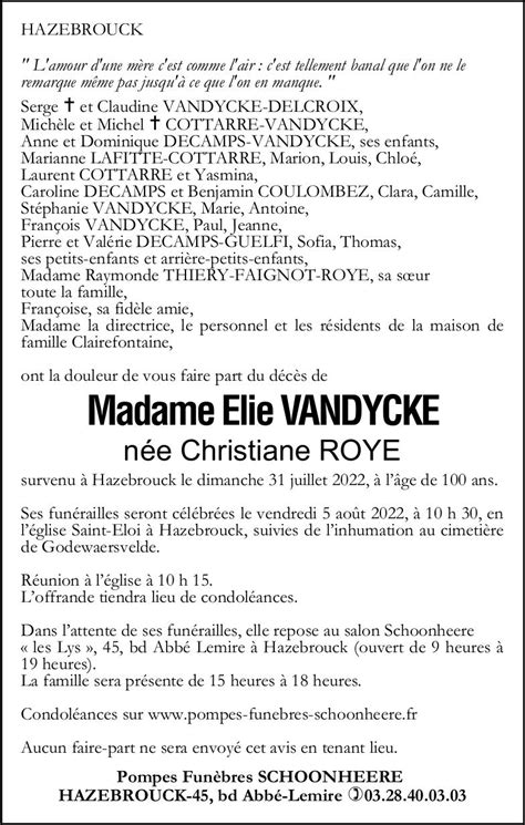 Avis de décès Madame Elie VANDYCKE née Christiane ROYE Pompes