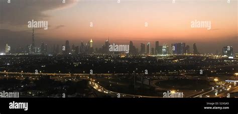 Dubai Skyline At Dusk Night Stock Photo Alamy
