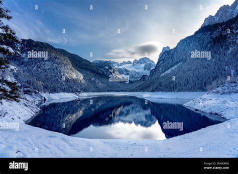 Beautiful Snowy Winter Landscape With Dachstein Mountain And Gosausee