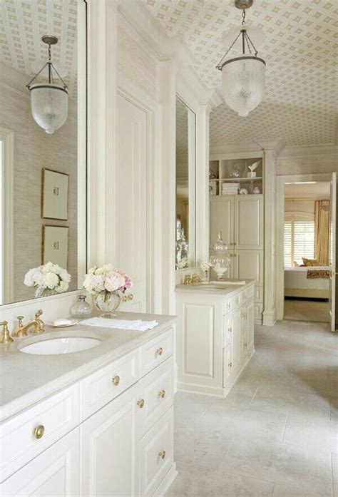 There's a double sink and a powder counter. Off white bath (With images) | Wallpaper ceiling, Dream ...