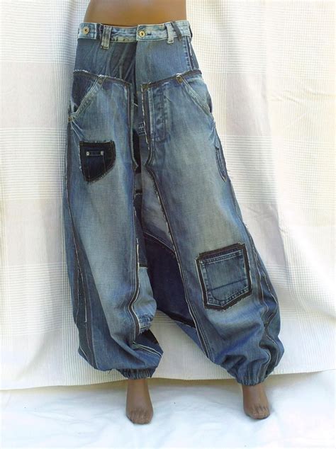 unisex harem pants in patchwork of recycled jeans custom made etsy upcycle jeans recycled