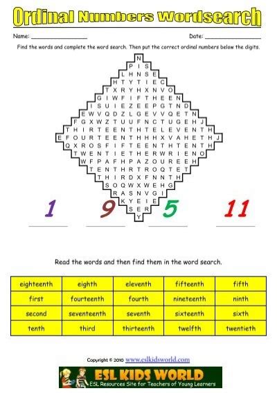 Ordinal Numbers Wordsearch Worksheet Kids Esl Games