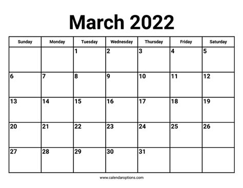 March 2022 Calendars Calendar Options