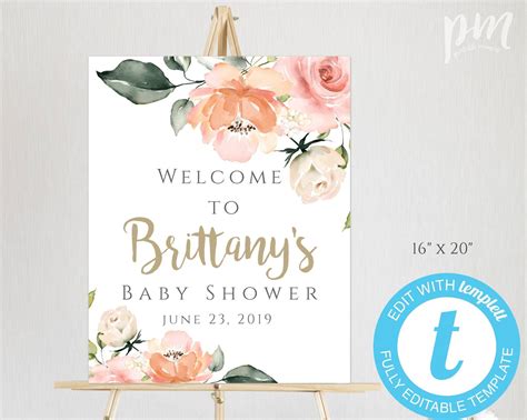 Peach Floral Baby Shower Welcome Sign Template Shower Welcome Etsy