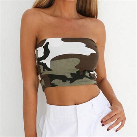 New Womens Camo Printed Boob Tube Top Strapless Bandeau Shirt Sexy