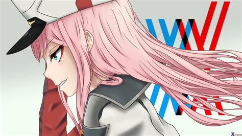 Darling In The Franxx Zero Two With Hat With Gray Background And Blue