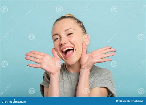 Joyful Thrilled Woman Beaming Smile Hands Emotion Stock Image Image