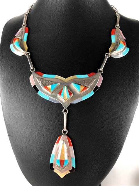 Vtg Zuni Inlaid Silver Turquoise Y Necklace Set