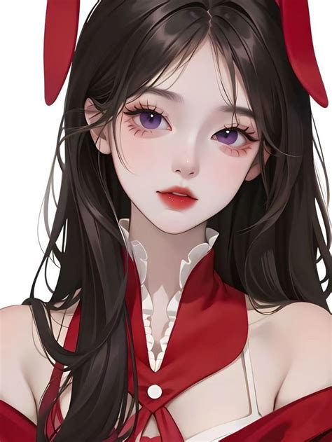an anime girl with long black hair wearing a red dress and devil horns on her head