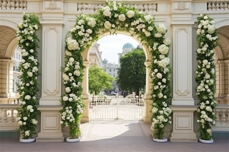 Premium Ai Image Decorated Wedding Arch With Greenery And White