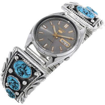 Turquoise Nuggets Mens Seiko 5 Watch W Stretch Band Navajo Sterling