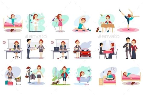 Active Day Of Happy Woman Daily Routine Cartoon By Topvectors