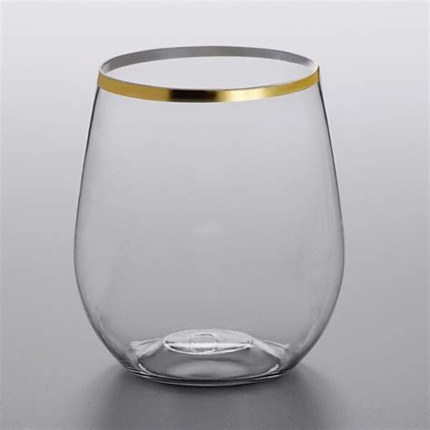 Gold Visions 12 Oz Clear Plastic Stemless Wine Glass With Gold Rim 16 Pack