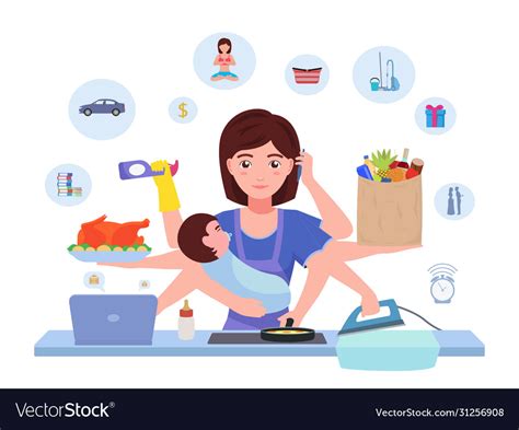 Cartoon Character Multitasking Busy Mom Royalty Free Vector