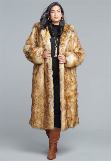 Roamans Womens Plus Size Full Length Faux Fur Coat Whood Ebay
