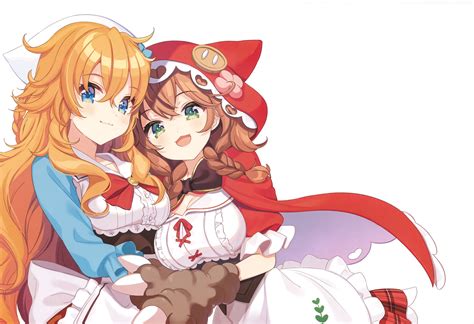 2girls Apron Blue Eyes Breasts Brown Hair Cape Cat Smile Cleavage