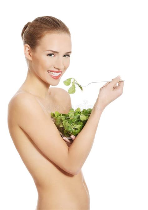 Side View Of Nude Woman Eating Lettuce From Bowl Stock Image Image Of