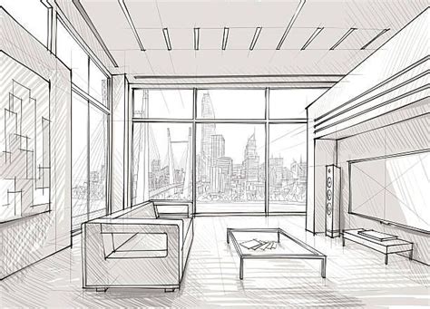 Sketched Design Of A Spacious Lounge Overlooking The City Room