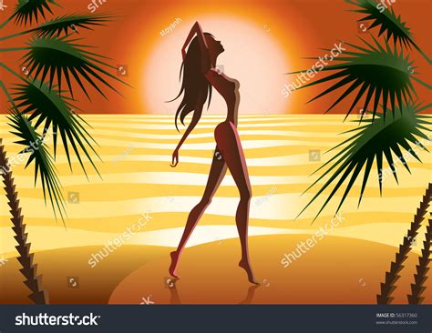 Beautiful Woman Silhouette On A Beach Vector Illustration