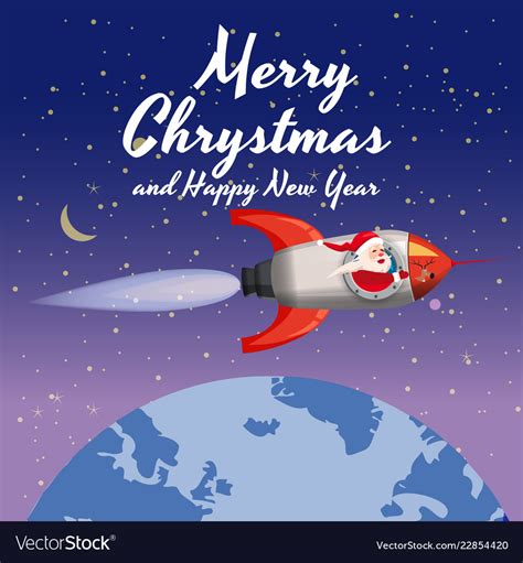 Santa Claus On A Rocket Flies In Space Around The Vector Image