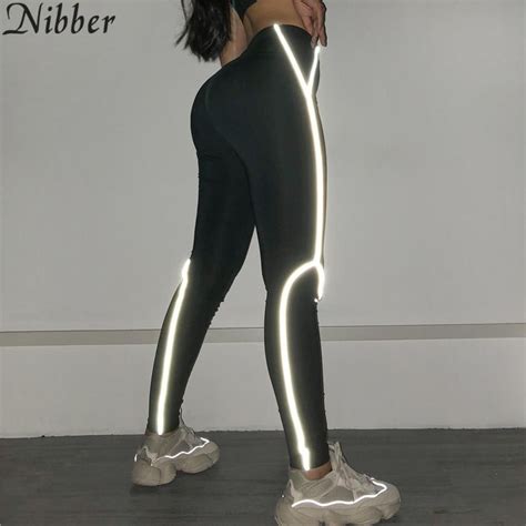 Nibber Fashion Patchwork Reflective Stripe Women S Pants Black Elastic Chicse Fitness