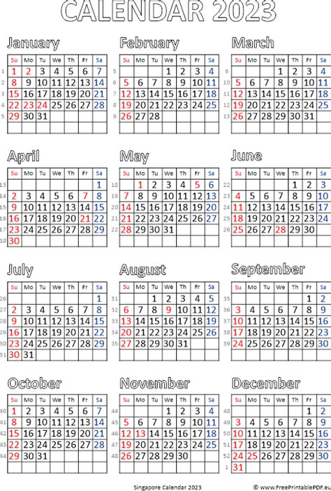 Calendar 2023 Singapore Free Printable Pdf