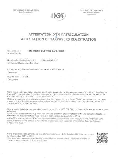 Attestation Dimmatriculation Pdf