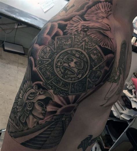 Gorgeous Black Ink Shoulder Tattoo Of Mayan Warrior With Temple And