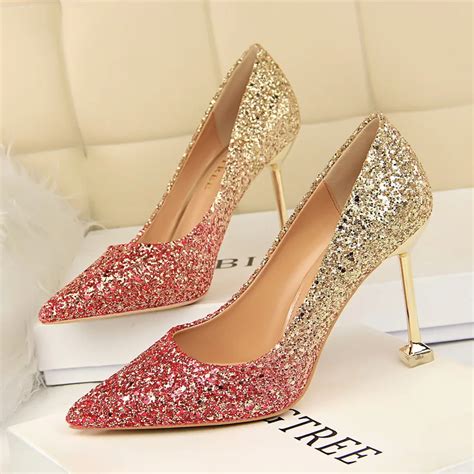 Glitter Sexy High Heels For Women Cheap Prices Rose Gold Pumps Shimmering Golden Glitter Shoes