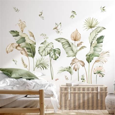 Decalmile Stickers Muraux Feuilles De Palmier Boho Autocollant Mural Plante Tropicale Feuilles