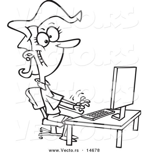 Vector Of A Cartoon Happy Female Typist Working On A Computer