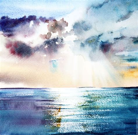 Watercolor Painting Of An Ocean Scene With Clouds And Sun Rays Coming