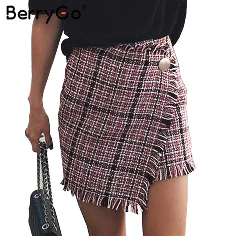 Berrygo Sexy Asymmetrical Plaid Skirts Women Elegant Tassels High Waist Skirt Cool Streetwear