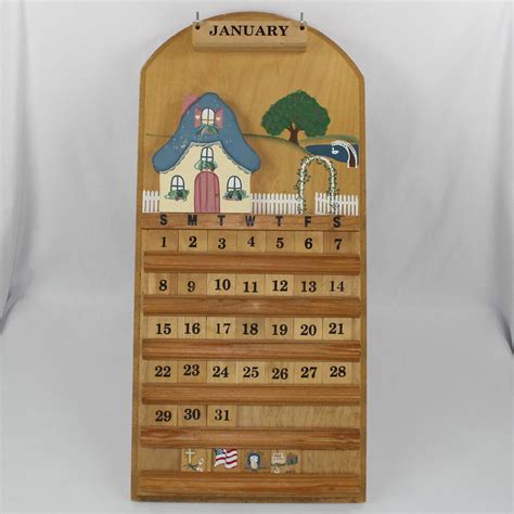 Perpetual Wood Calendar Wall Hanger Country Scene 1991 Wood Calendar