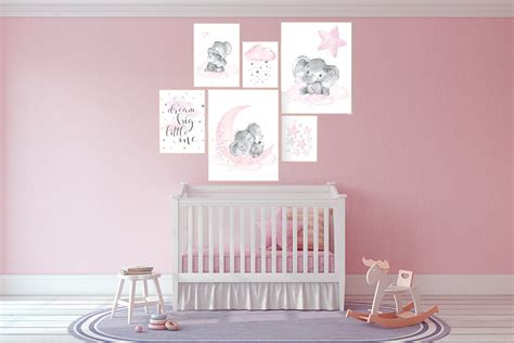Nursery Wall Art Girl Elephant Pink And Gray Nursery Decor Girl Pink