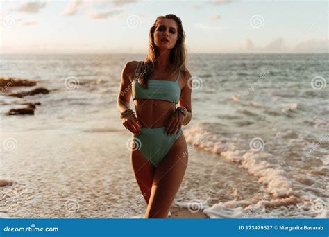 Portrait Of Girl With Long Hair On Beach On Sunset Background Stock Image Image Of Party