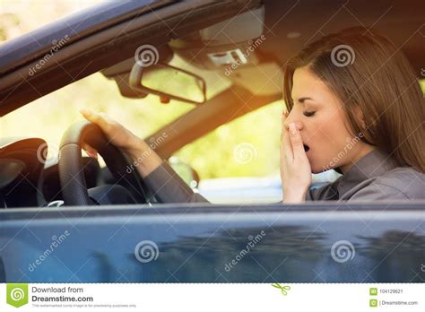 Sleepy Fatigued Yawning Young Woman Driving Her Car Stock Image Image