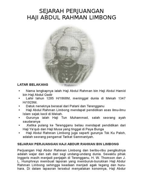 Haji abdul rahman limbong yang dilahirkan pada tahun 1868 turut dikenali sebagai tok limbong dan haji derahman limbong merupakan anak jati terengganu yang dilahirkan di kampung jenguk tong, beladau kolam, kuala terengganu. abdul rahman limbong.docx