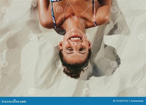 Close Up Of Woman Relaxing On Beach Sand Stock Photo Image Of Woman Face