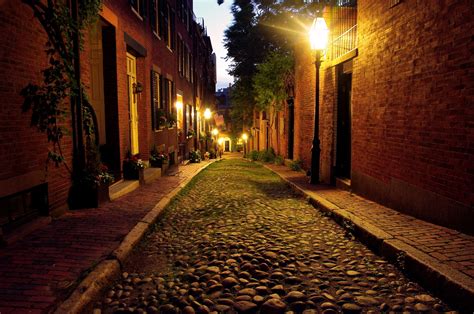 Night Time Cobble Stone Road In Boston Massachusetts Lit Only By The