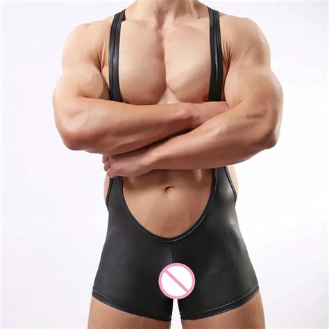 Aiiou Sexy Men S Faux Leather Underwear Bodysuit Gay Overalls Jumpsuits Bodybuilding Wrestling